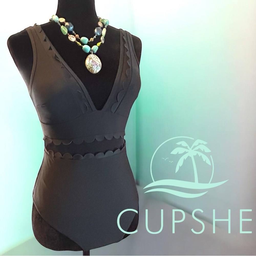 Solid Black V-Neck One Piece Swimsuit Sz Small - Picture 2 of 8